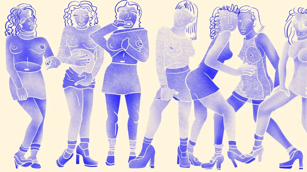 Illustration av kvinnor i olika poser, som visar en visuell berättelse om kroppsideal genom tiderna.