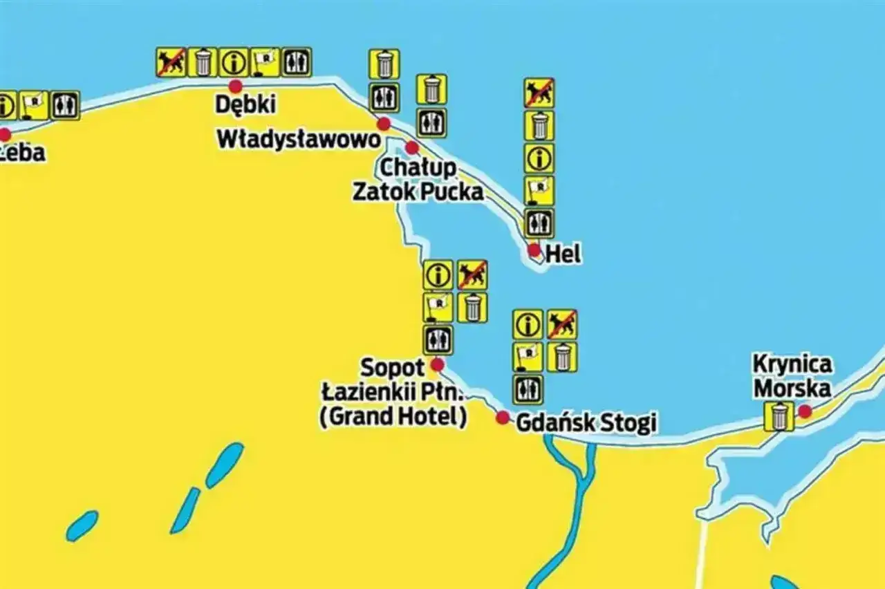 Mapa turystyczna Półwyspu Helskiego z zaznaczonymi miejscowościami i symbolami informacyjnymi. Trasa na Hel.