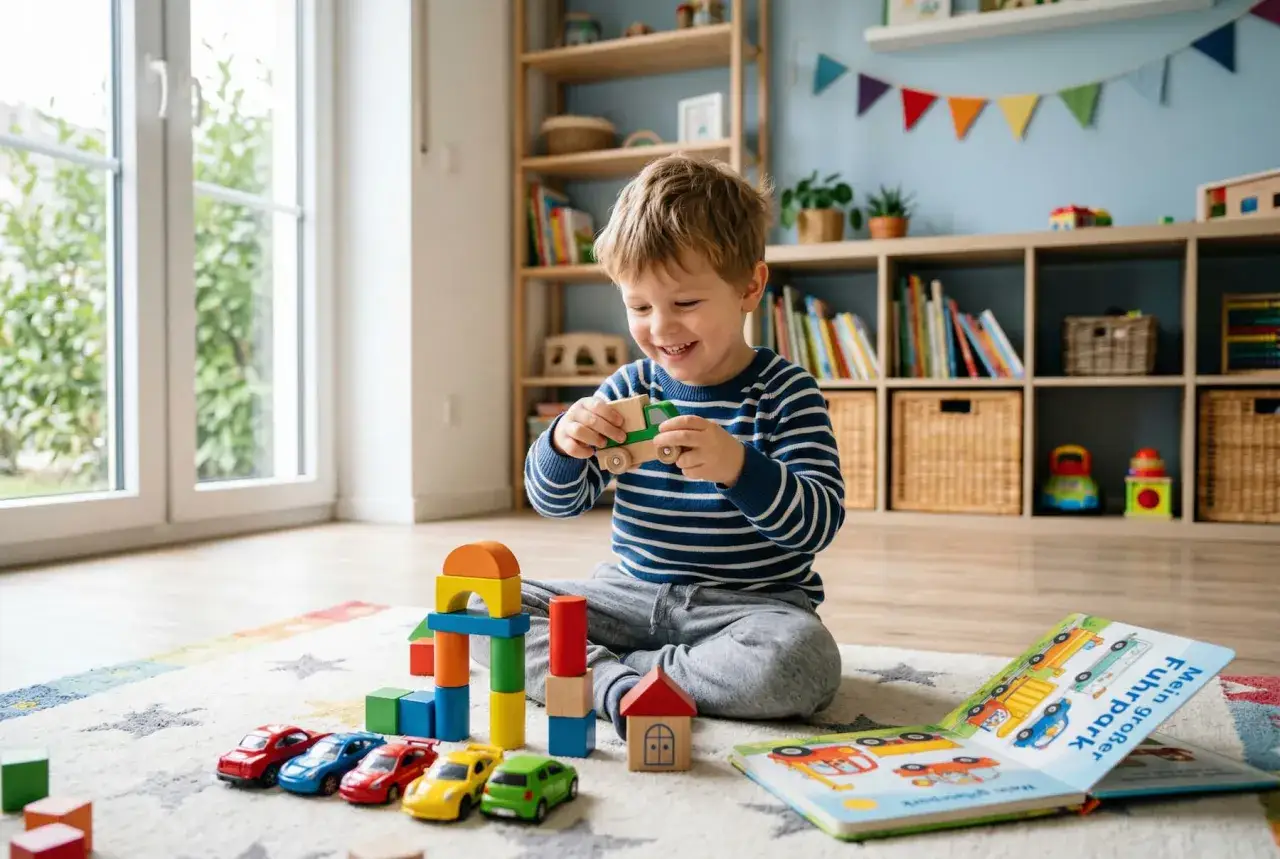Ein fr&ouml;hliches **kind 4 jahre** spielt mit Holzautos und Bausteinen in seinem Zimmer.