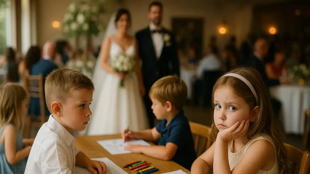 Dzieci rysują przy weselnym stole, szukając inspiracji na kr&oacute;tkie wierszyki na wesele dla dzieci.