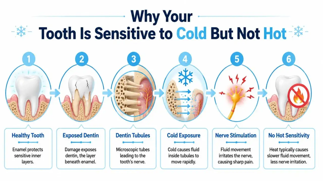 Ilustración explica por qué los dientes sensibles reaccionan al frío. Muestra cómo la dentina expuesta y los túbulos dentinarios, al contacto con el frío, irritan el nervio.