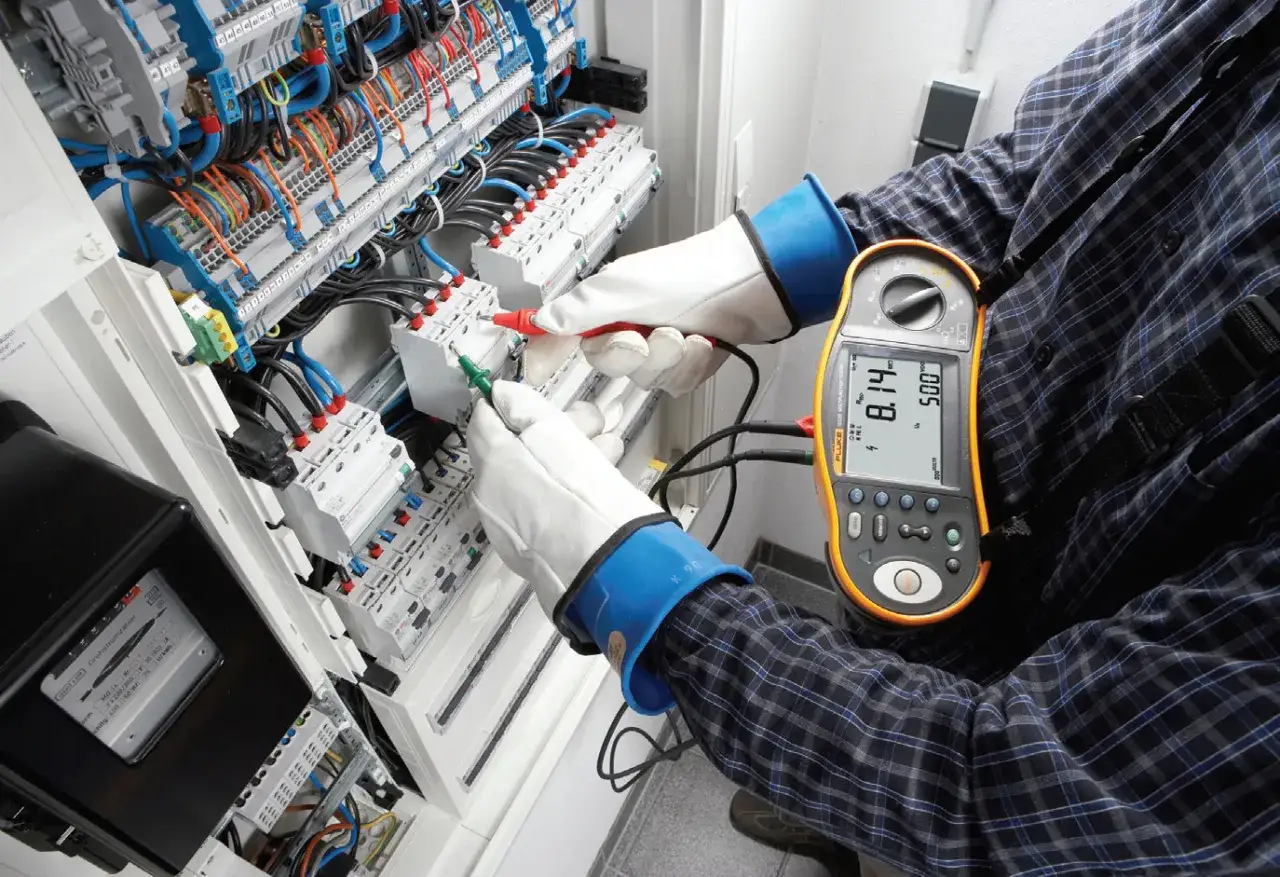 Elektryk w rękawicach wykonuje pomiary elektryczne przy użyciu miernika Fluke, sprawdzając instalację w rozdzielnicy.