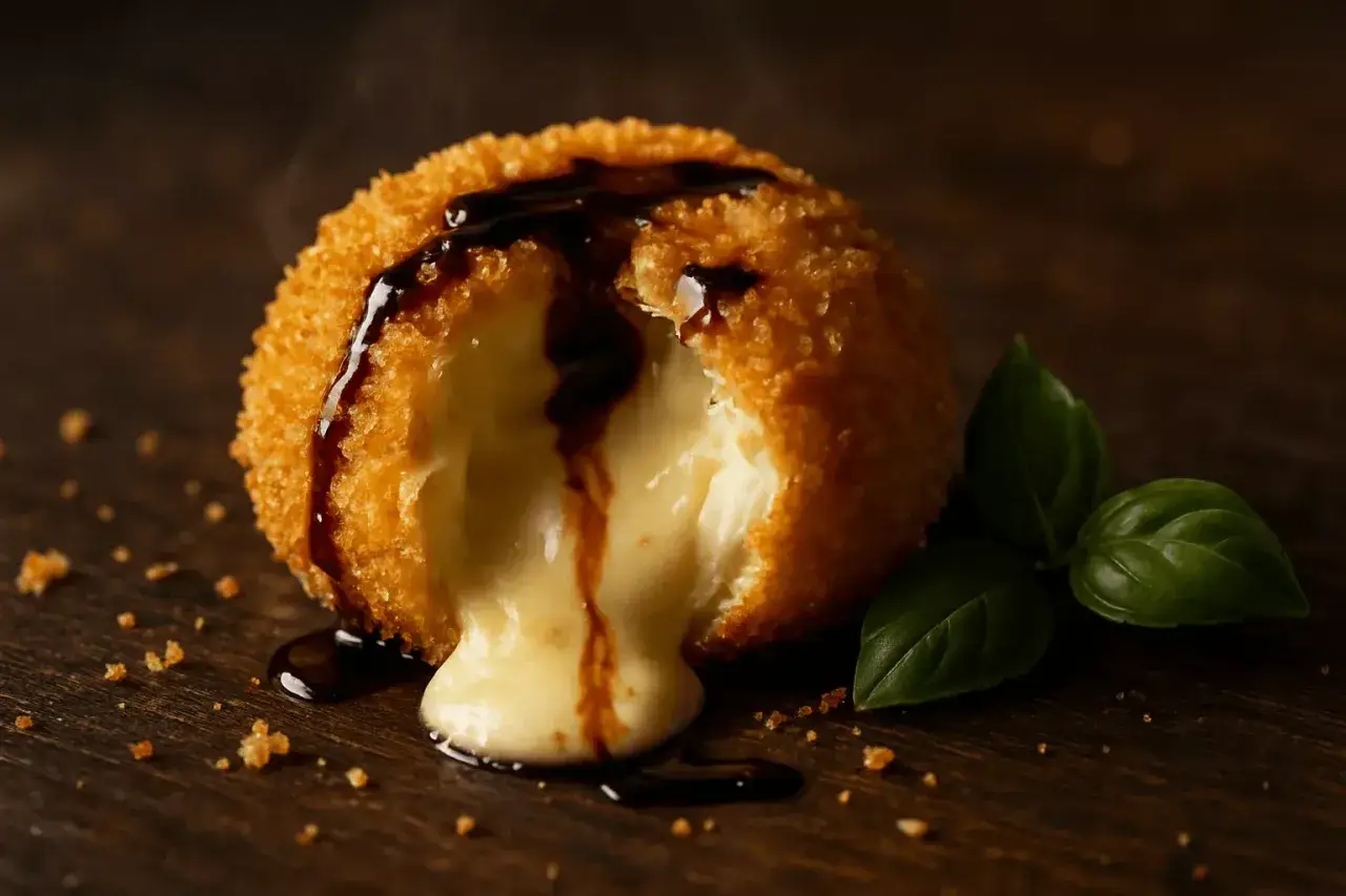 Burrata pan&eacute;e d&eacute;goulinant de fromage fondant, napp&eacute;e de sauce et garnie de basilic frais sur fond de bois sombre.