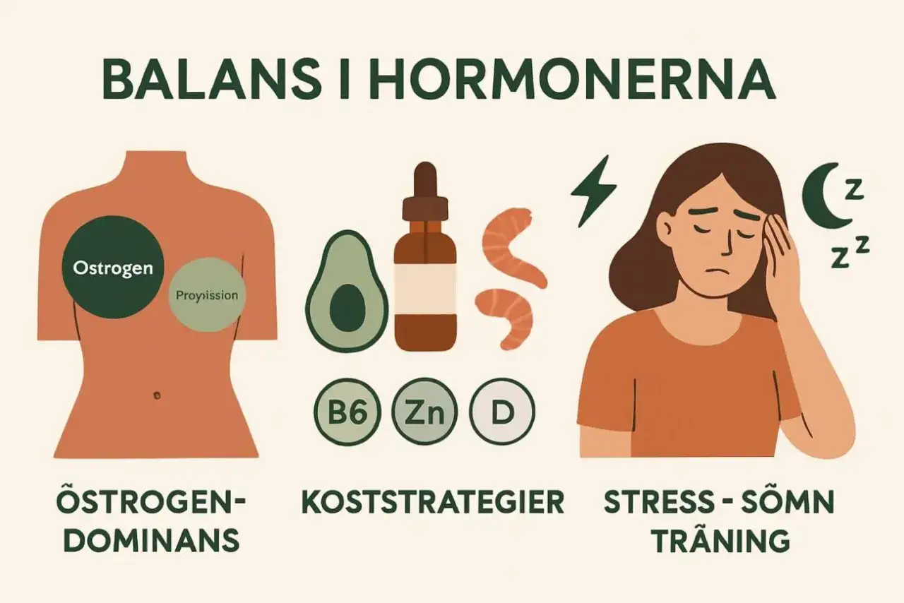Illustration visar orsaker till hormonell obalans: &ouml;strogendominans, koststrategier med vitaminer och mineraler, samt stress och s&ouml;mnbrist.