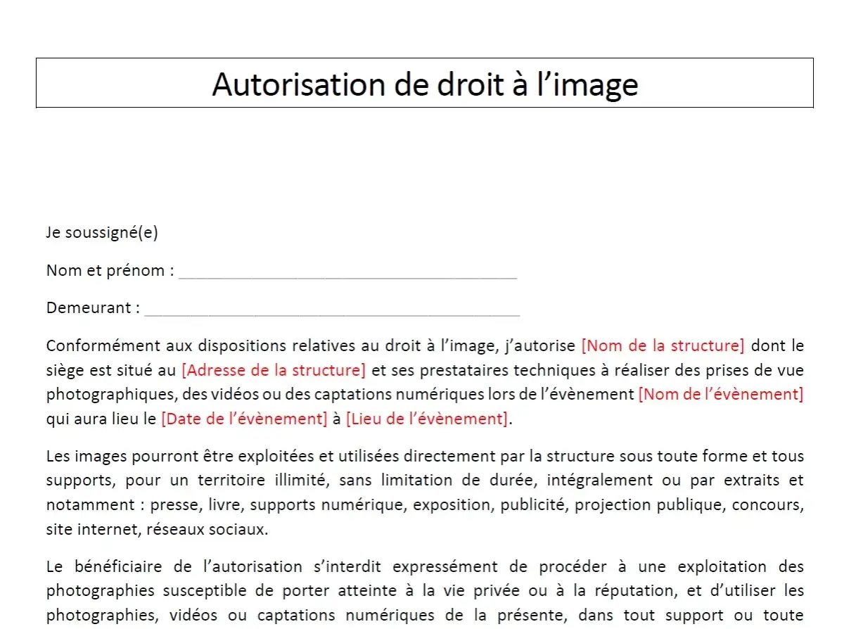 Document d'autorisation de droit à l'image, exemple de copyright photo.