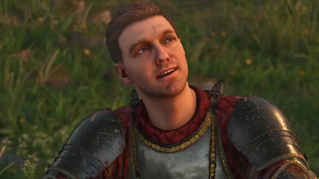 Młody rycerz w zbroi, jak z Kingdom Come Deliverance, z nadzieją wpatruje się w niebo.