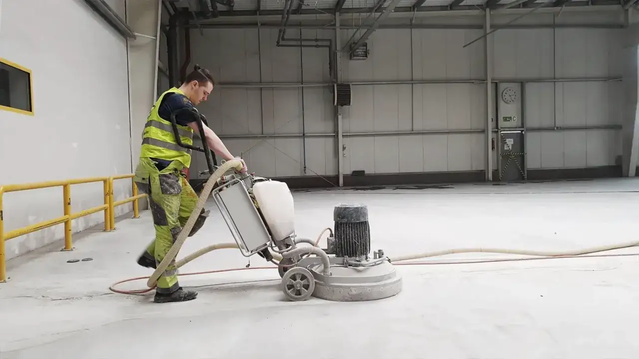 Pracownik w kamizelce odblaskowej szlifuje beton przemysłowy. Sprawdź atrakcyjną szlifowanie betonu cena za m2.