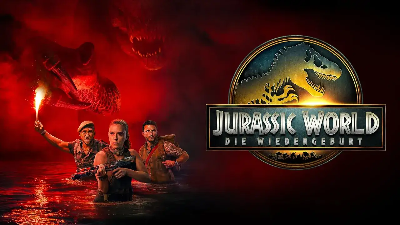 Menschen im Wasser, bedroht von einem riesigen Dinosaurier. Das Logo