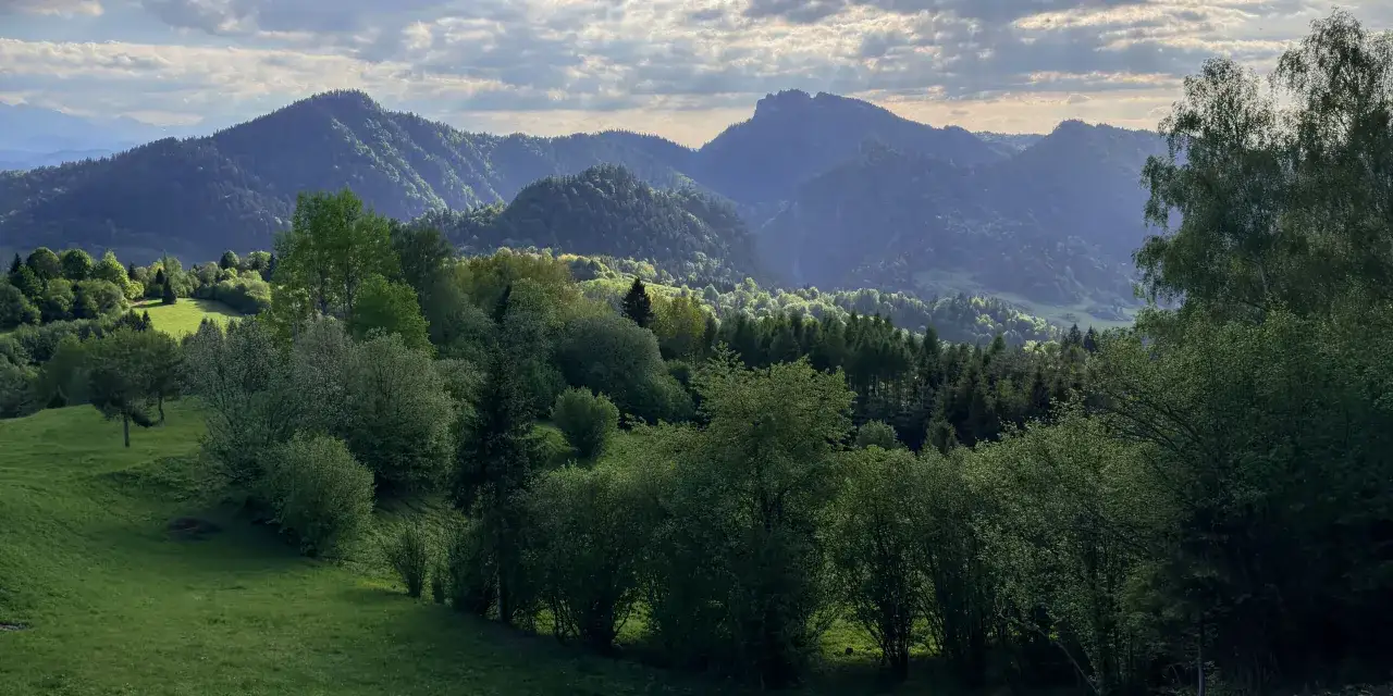 Zielone wzgórza i gęste lasy tworzą malowniczy krajobraz, idealny na odkrywanie **Szczawnica atrakcje**. Słońce przebija się przez chmury, oświetlając doliny.