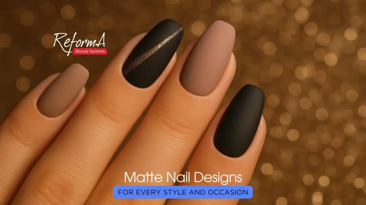 Manucure élégante avec des ongles mat. Un ongle noir est orné d'une fine ligne dorée scintillante.