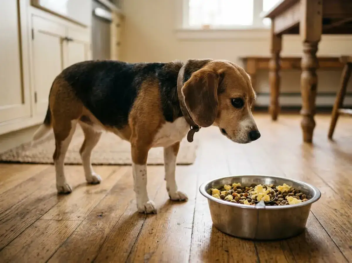 Beagle z zaciekawieniem patrzy na miskę z karmą i jajecznicą. Czy pies może jeść jajecznicę?