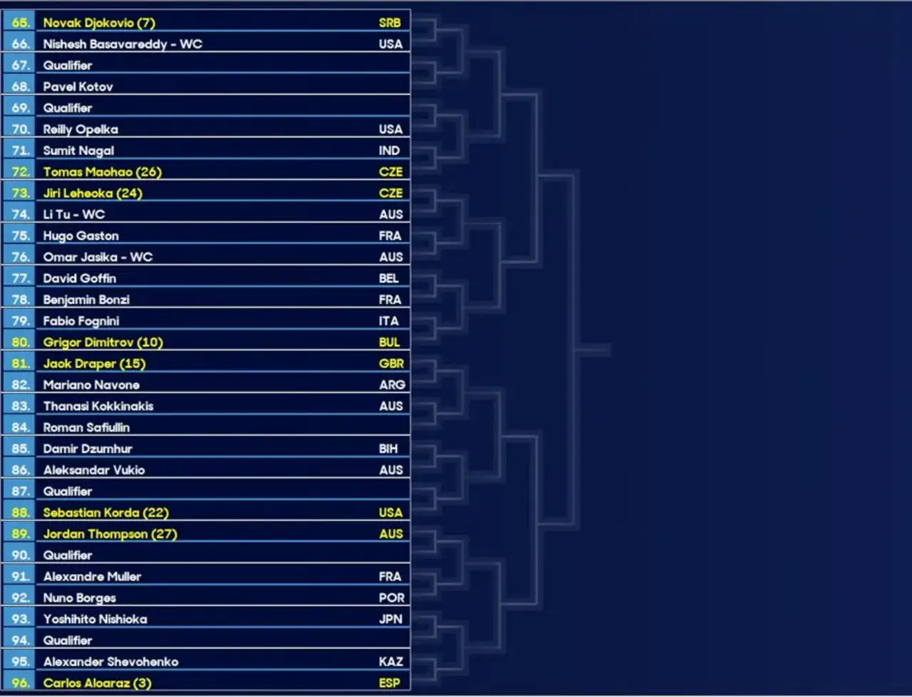 Lista de tenistas masculinos en el cuadro del Open de Australia, con nombres como Novak Djokovic y Sebastian Korda.