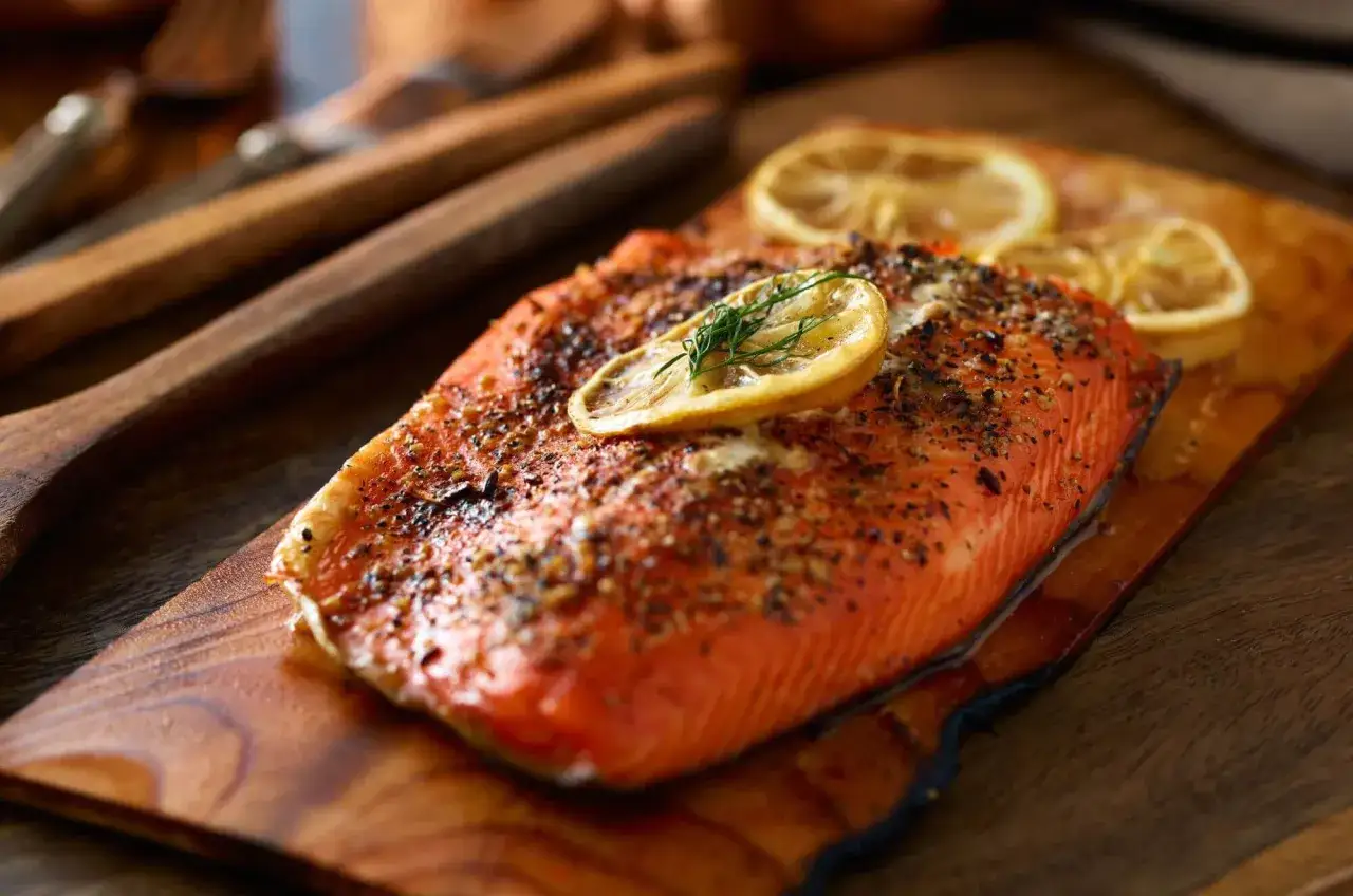 Perfekt gegarter Lachs auf Holzbrett, garniert mit Zitrone und Dill. Die Lachs Kerntemperatur ist ideal für saftigen Genuss.