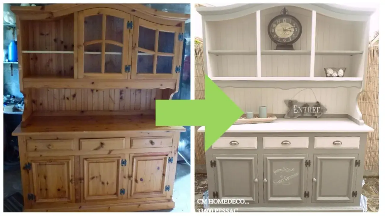 Prima e dopo: come restaurare un mobile in legno. Un mobile da cucina in pino grezzo trasformato in un pezzo shabby chic grigio e bianco.