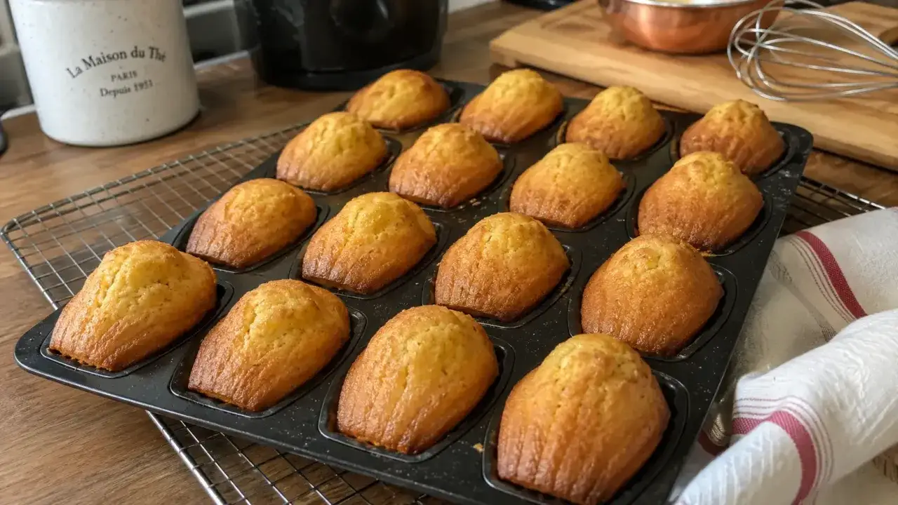 Une plaque de madeleines dorées et moelleuses, prêtes à être dégustées. Parfaites pour une recette de madeleine moelleuse.