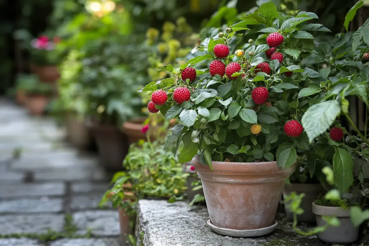 Framboisier en pot, ses fruits rouges brillent au soleil. Un petit coin de nature sur un balcon.