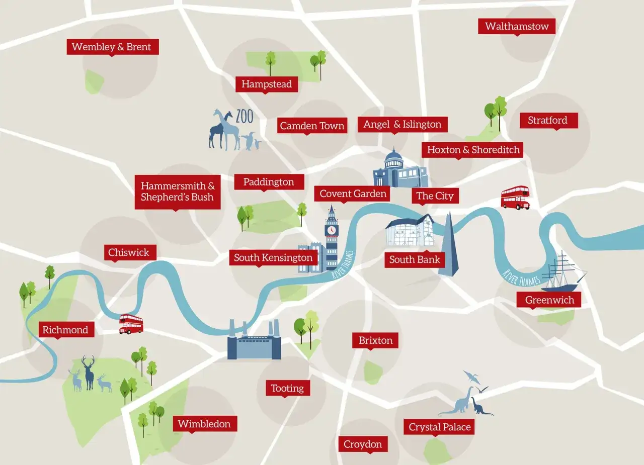 Mapa Londynu z zaznaczonymi atrakcjami, w tym zoo, muzeami i parkami. Planuj zwiedzanie muzeów w Londynie!