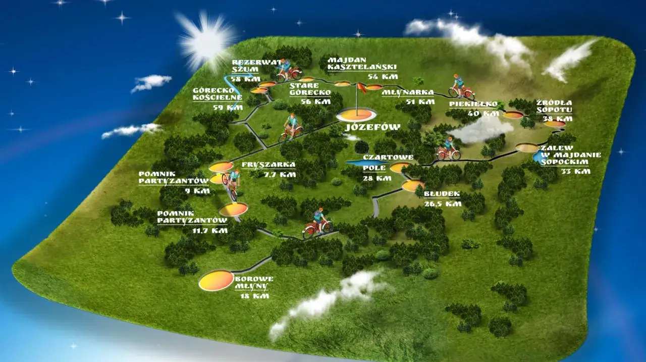 Mapa tras rowerowych w J&oacute;zefowie. Singletrack j&oacute;zef&oacute;w prowadzi przez malownicze tereny, rezerwaty i zabytki.