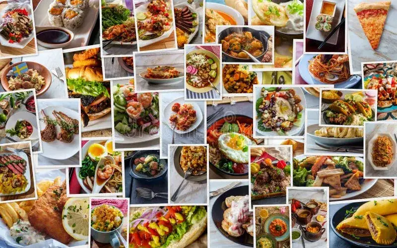 collage de plats du monde gastronomie italienne grecque japonaise