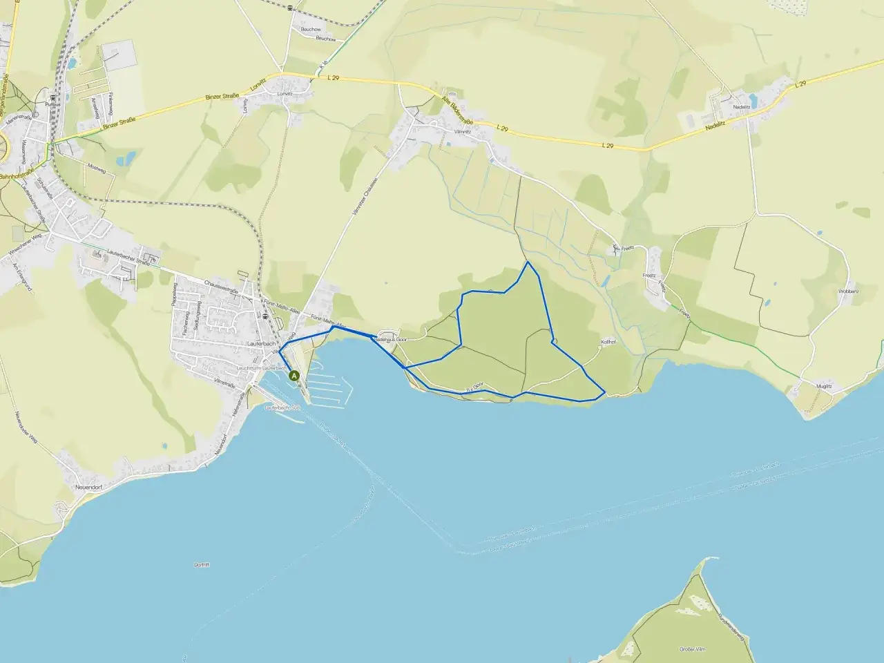 Trasa z Polski do Rugii: mapa pokazuje drogę przez Lauterbach, Neuendorf i Vilmnitz, z zaznaczonym szlakiem pieszym.