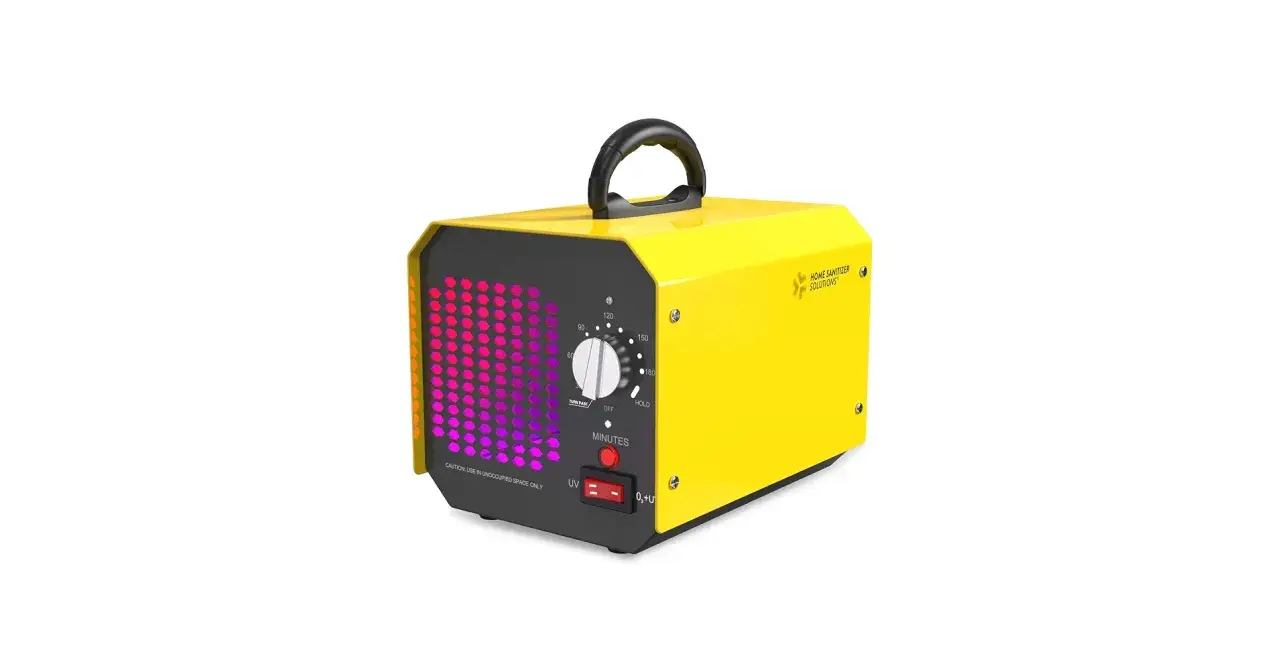 Generador de ozono amarillo con panel de control. Precaución: usar en espacios desocupados para evitar efectos secundarios de la limpieza con ozono.