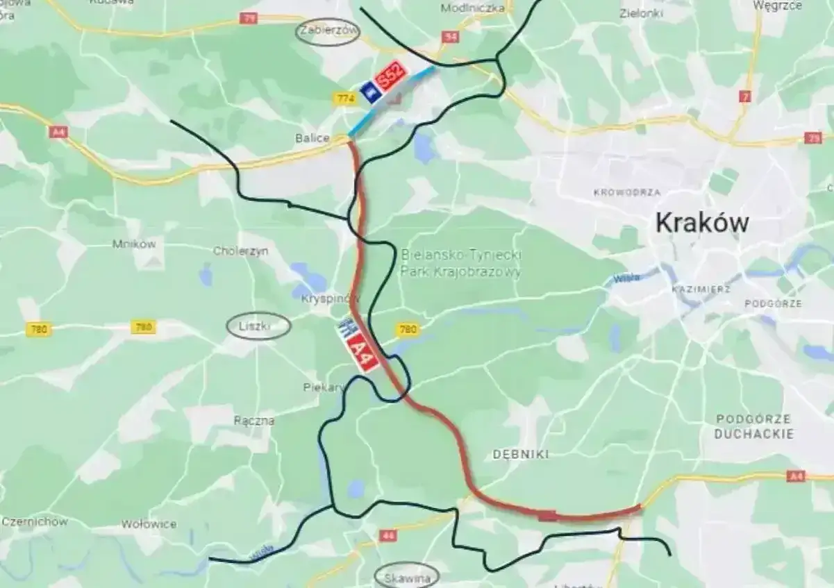 Trasa S52 i A4 łącząca Rzeszów z Krakowem i Balicami, przebiegająca przez malowniczy Park Krajobrazowy.