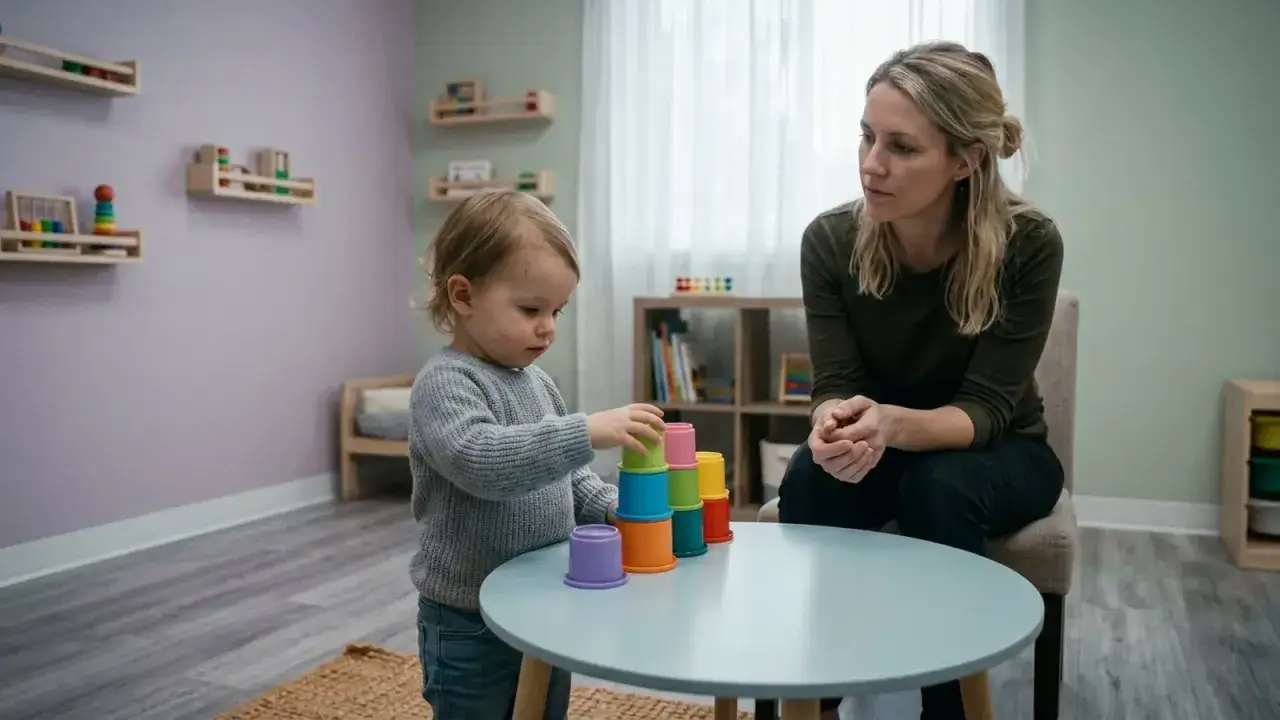 Dziecko z **spektrum autyzmu** układa kolorowe kubeczki, a terapeutka obserwuje je z uwagą.