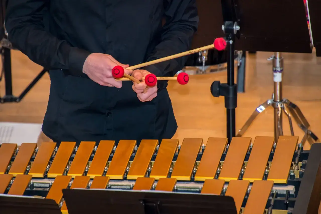 Muzyk trzyma pałki do uderzania w perkusyjny instrument klawiszowy. Drewniane listewki instrumentu lśnią ciepłym blaskiem.