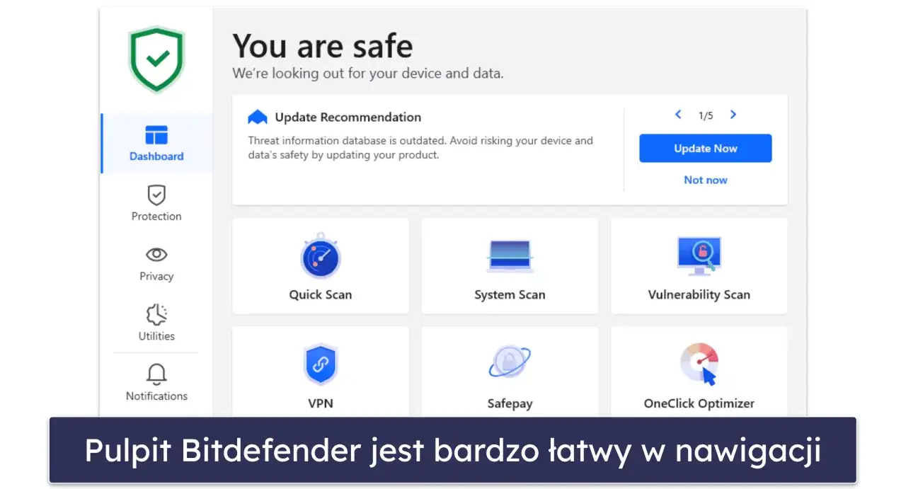 Pulpit Bitdefender Antivirus Free Edition pokazuje status