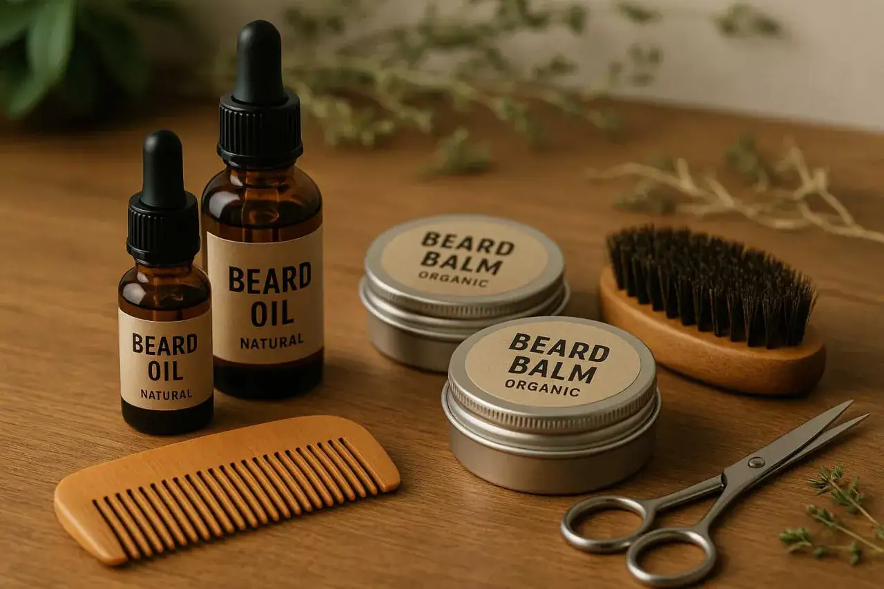 Alles f&uuml;r die Bartpflege selber machen: Bart&ouml;l, Balsam, Kamm, B&uuml;rste und Schere liegen bereit.
