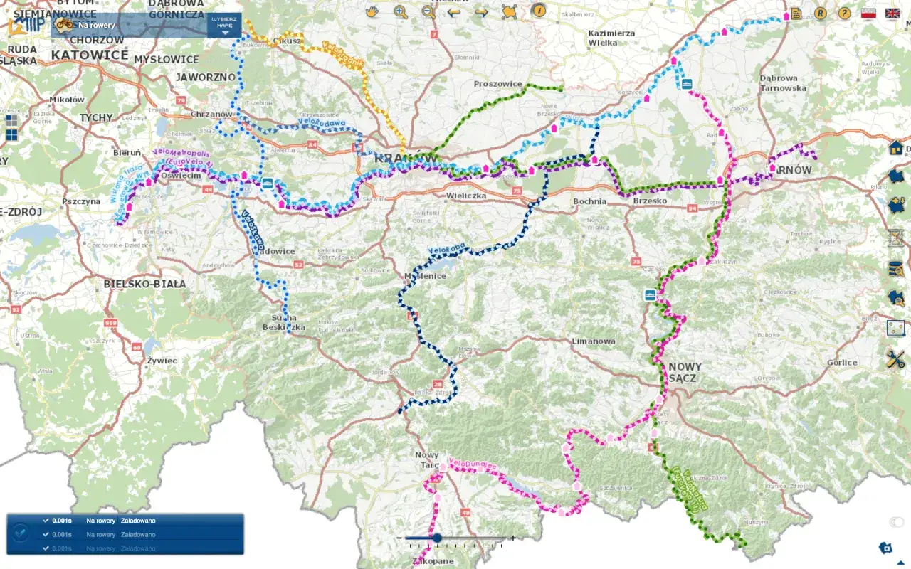 Mapa z zaznaczonymi trasami rowerowymi w Polsce, w tym EuroVelo 4 i VeloDunajec.