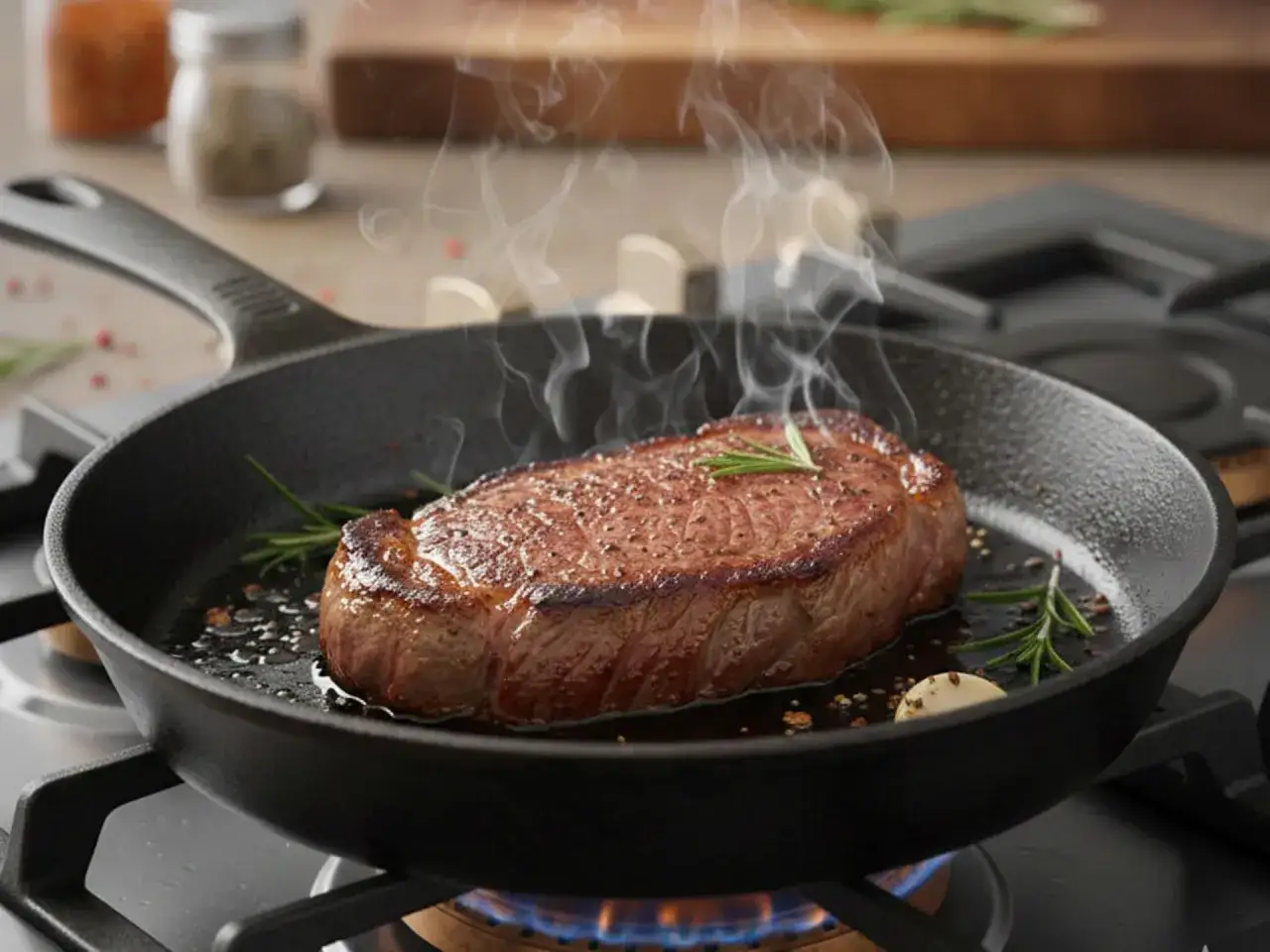 Ein saftiger Rumpsteak braten in einer Gusseisenpfanne mit Rosmarin und Knoblauch. Dampf steigt auf und verheißt ein köstliches Mahl.
