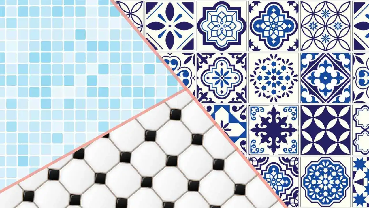 Trois types de carrelage : mosaïque bleue, motifs bleus et blancs, et octogonal blanc et noir.