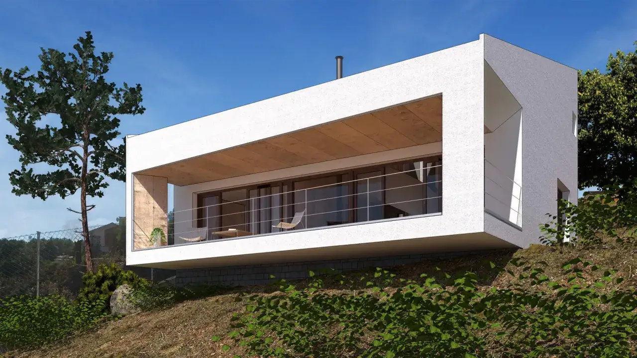 Casas de monta&ntilde;a modernas con amplios ventanales y balc&oacute;n, integradas en un paisaje verde y rocoso.