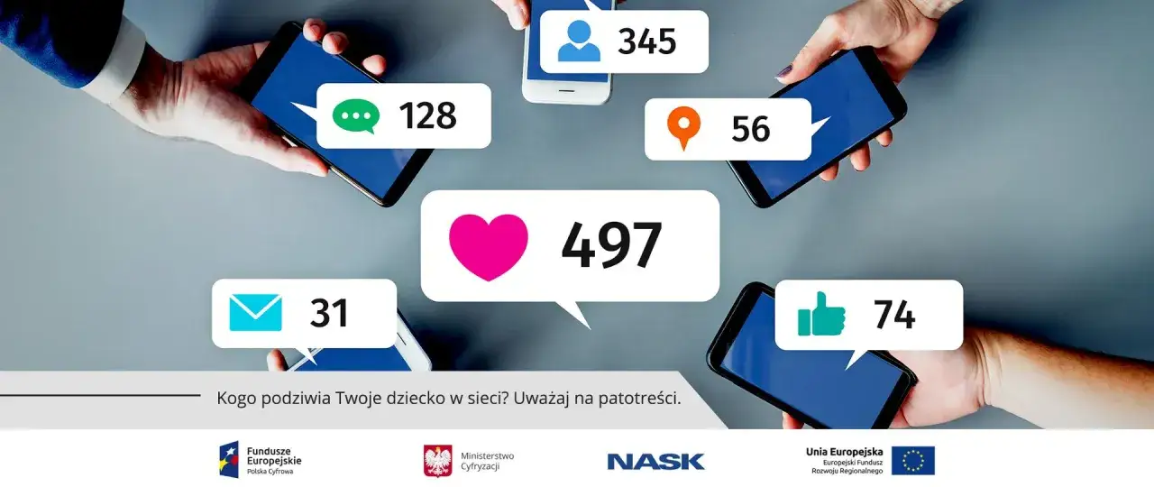 Dłonie trzymają smartfony z ikonami polubień, komentarzy i wiadomości. Uważaj na patotreści w sieci.