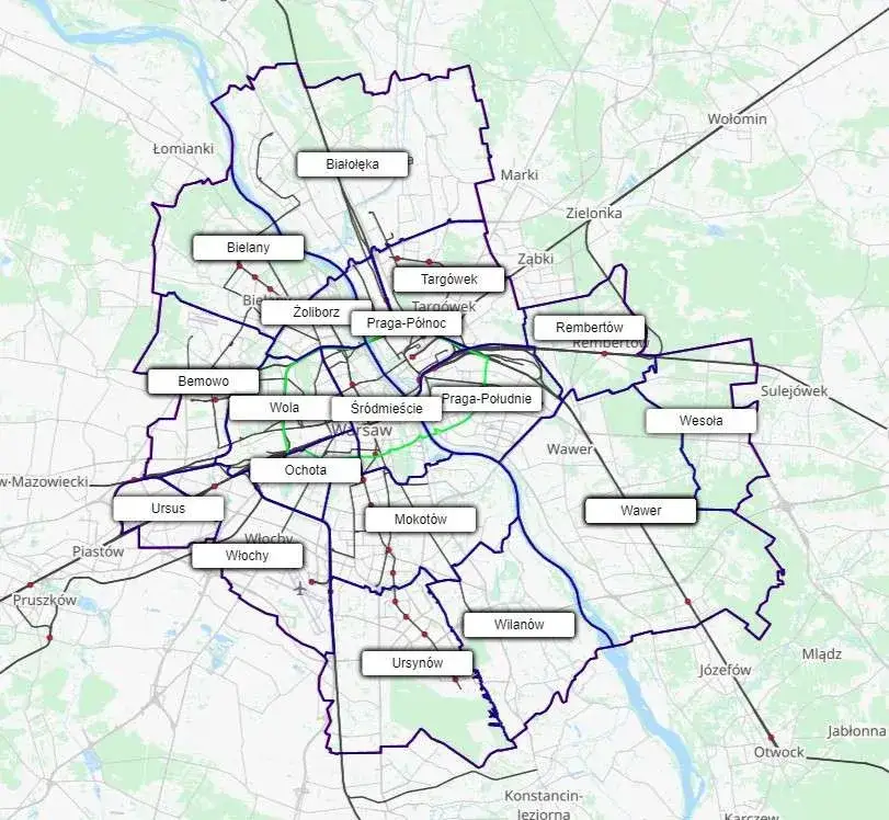 Mapa dzielnic Warszawy z wyróżnionymi osiedlami