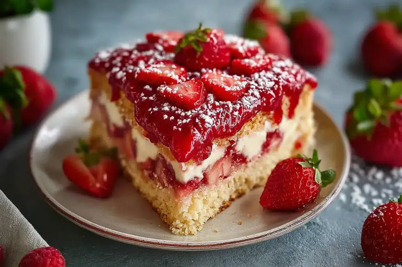 Ein saftiges St&uuml;ck Erdbeerkuchen mit frischen Erdbeeren und Sahne. Dieses Erdbeerkuchen Rezept ist ein Genuss!
