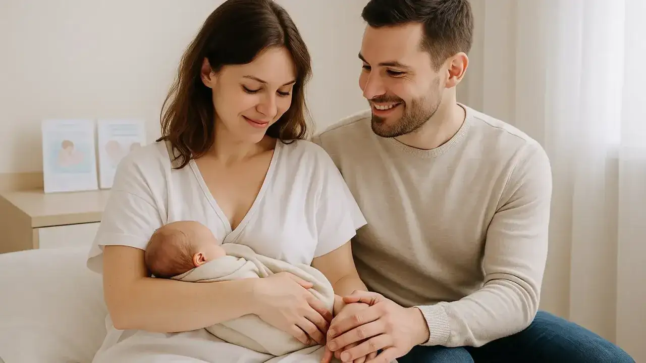 Szczęśliwi rodzice z noworodkiem. Mama tuli dziecko, tata trzyma ją za rękę. W tle książki o tym, jak rozkręcić laktację.