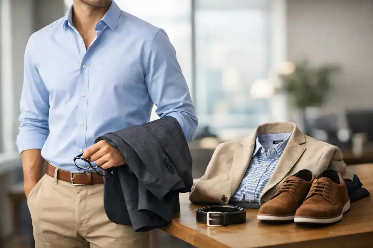 Mann mit Hemd und Sakko, daneben Outfit mit Sakko, Hemd, Gürtel und Schuhen. Wie viele Hemden braucht man für so einen Look?