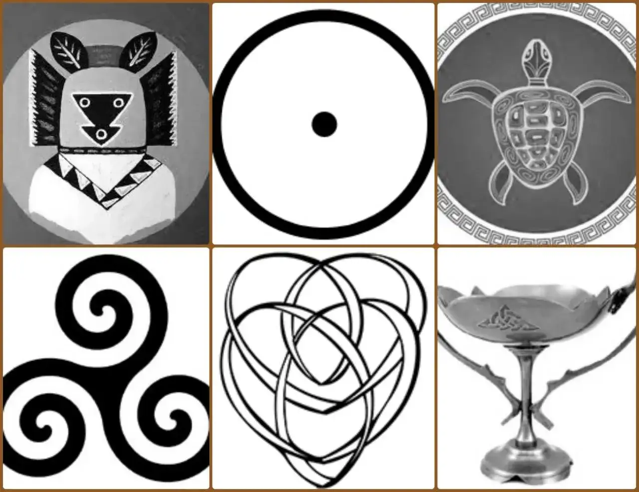 Collage de symboles : figure anthropomorphe, cercle avec point, tortue, trisk&egrave;le, c&oelig;ur entrelac&eacute;, coupe. Ces images &eacute;voquent le symbole de la m&egrave;re, la protection et la continuit&eacute;.