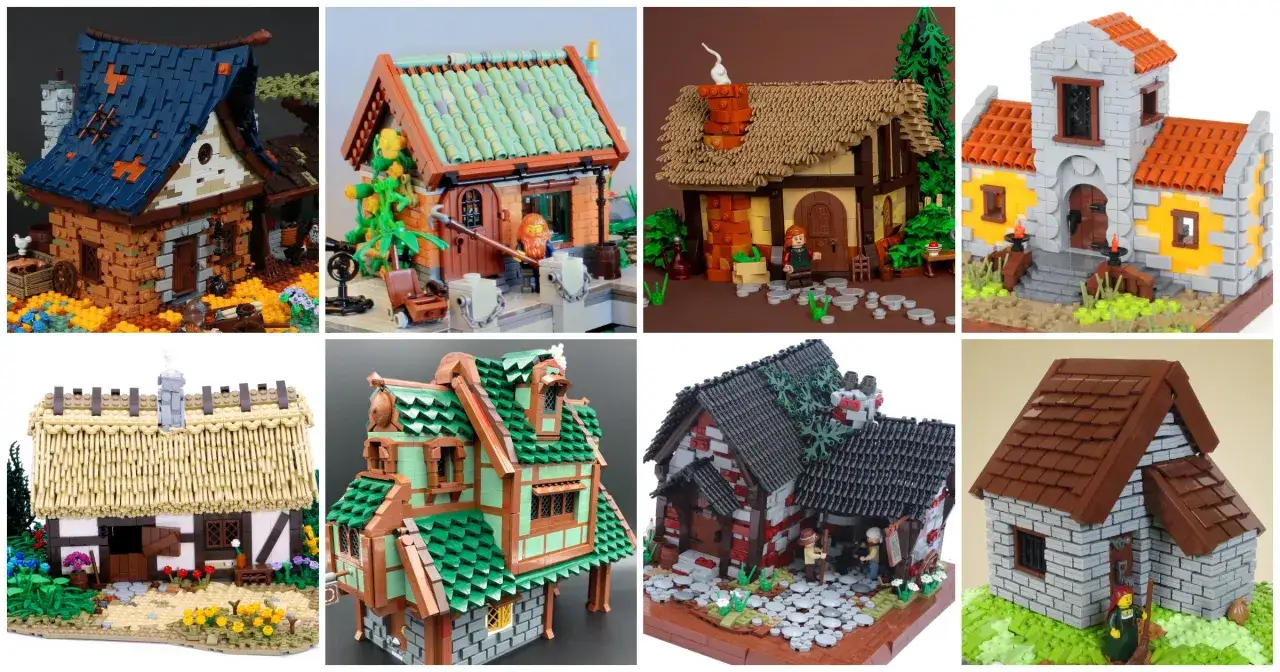 Acht detailreiche Lego MOC Technic Häuser, von rustikal bis detailverliebt, mit Minifiguren und Umgebung.