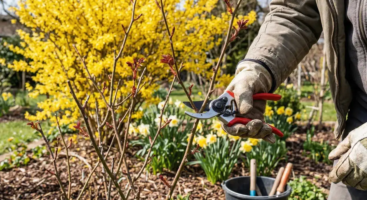Gärtner schneidet mit einer Gartenschere junge Triebe von Buschrosen. Im Hintergrund blüht ein gelber Zierstrauch.