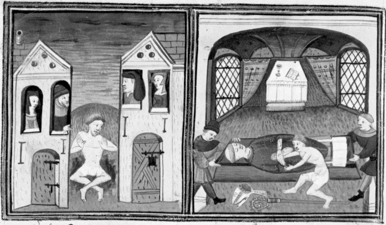 Illustrazione del riassunto di Andreuccio da Perugia: scena esterna con persone alle finestre e interna con un corpo e ladri.