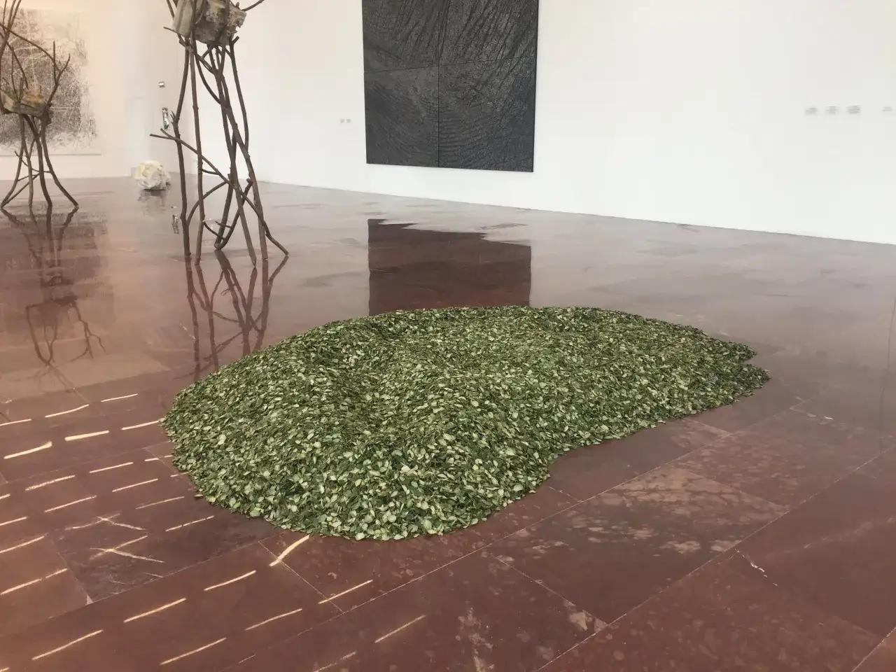 Un tas de feuilles vertes au sol, une installation d'arte povera, refl&egrave;te la lumi&egrave;re sur le sol poli.