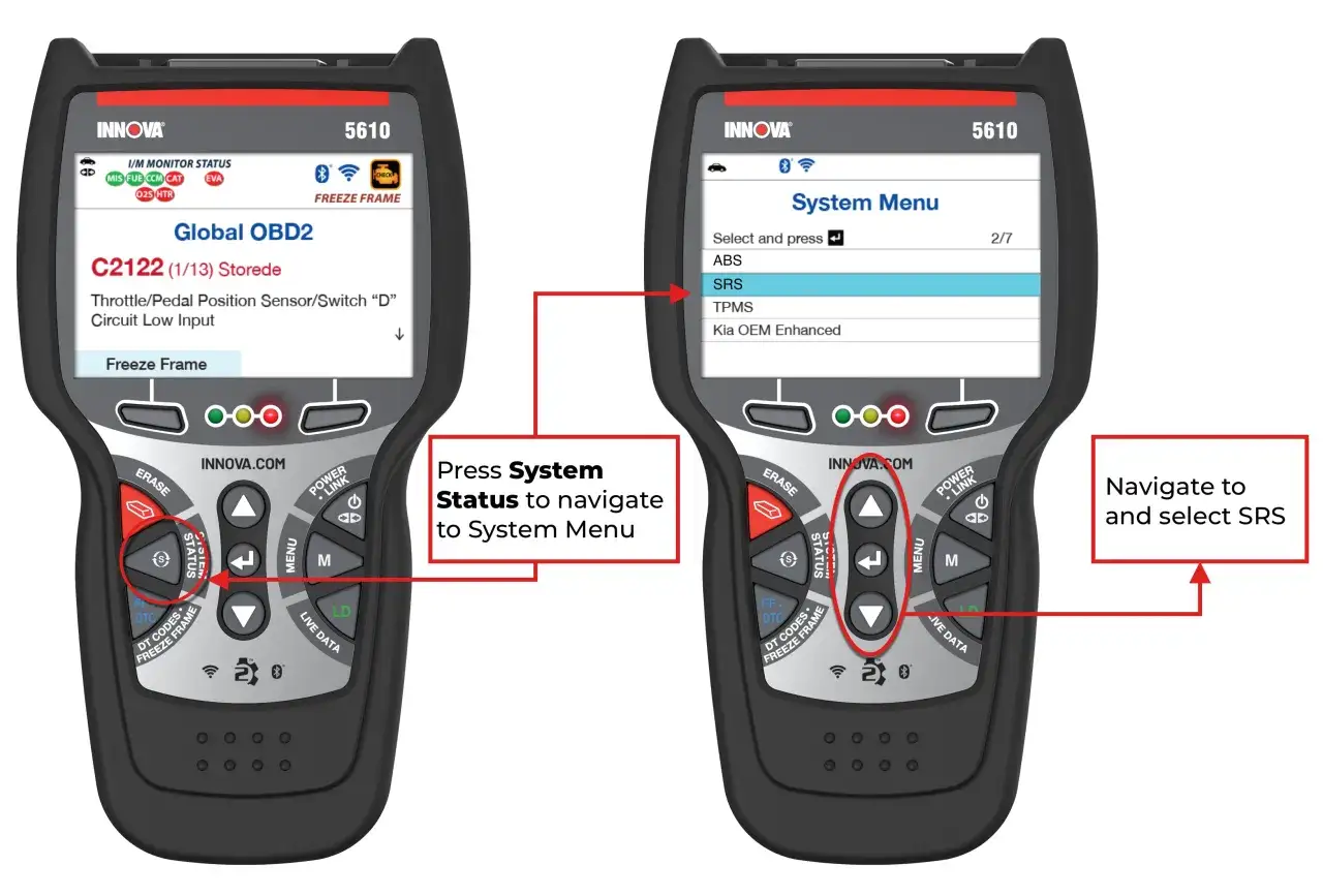 This image shows an Innova 5610 scan tool. The left screen displays a DTC for 