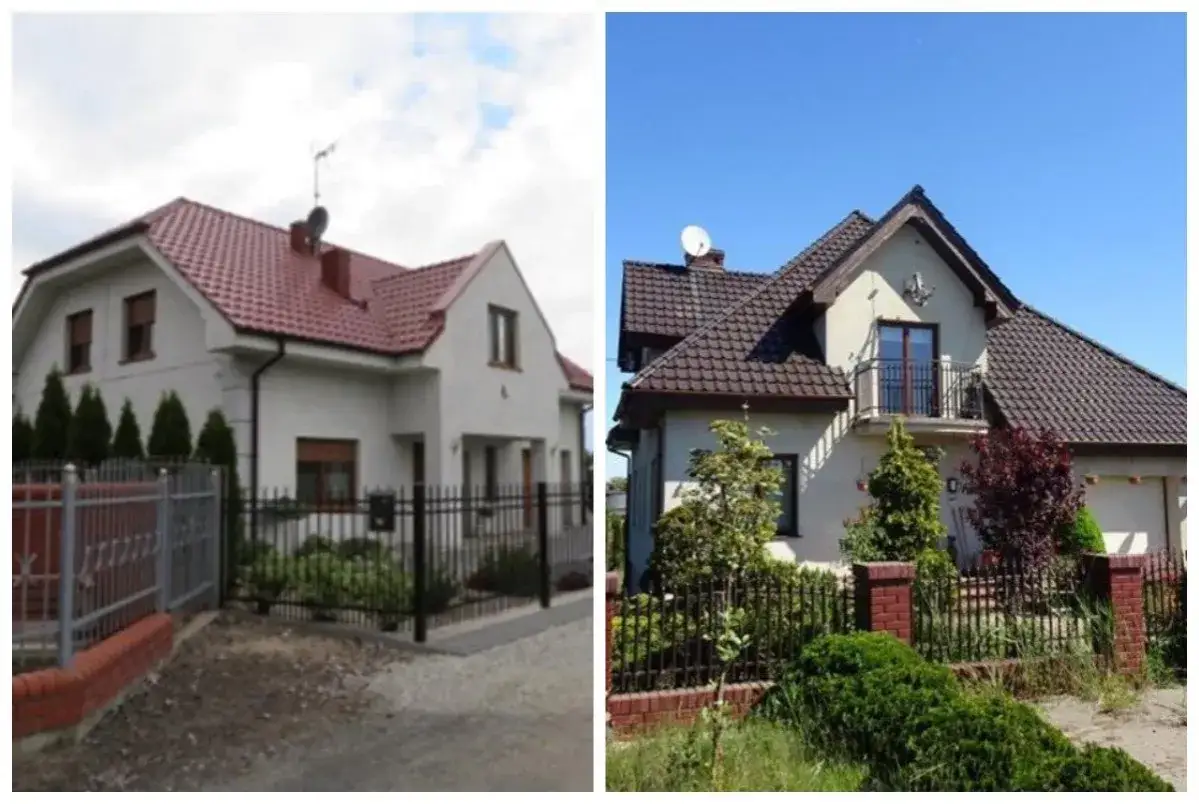 Dwa domy z czerwonymi dachami, ogrodzone płotem. Możliwość zakupu jako mieszkania na licytacji komorniczej.