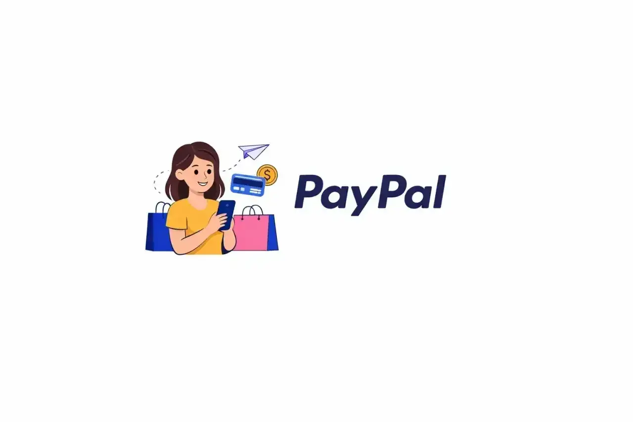 Kobieta z telefonem i torbami na zakupy, obok logo PayPal. Czy PayPal jest darmowy? Tak, podstawowe transakcje są darmowe.