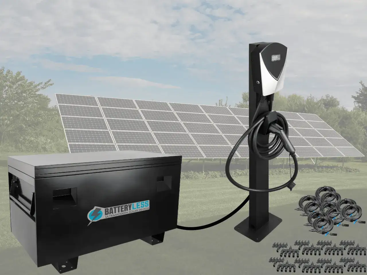 Solsystem med batteril&ouml;s enhet, laddstolpe och kablar. Solkraft EMK AB levererar framtidens energil&ouml;sningar.