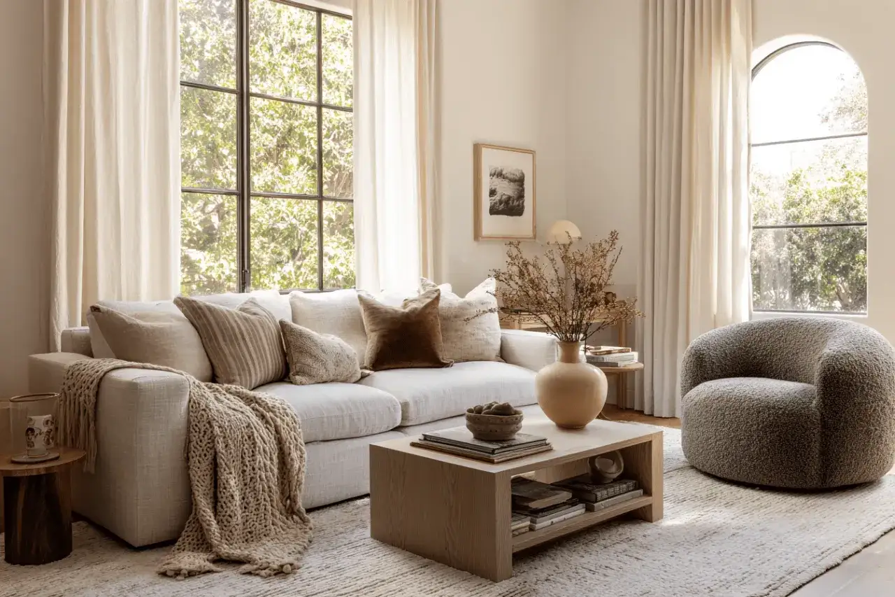 Einladendes Wohnzimmer, warm gestaltet mit bequemer Couch, kuscheliger Decke, beigefarbenen Kissen und einem Holztisch.