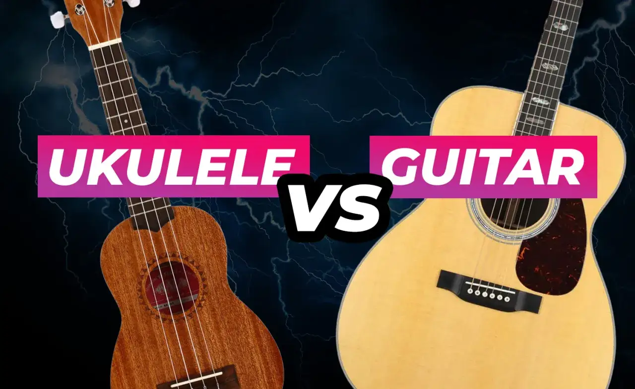 Ukulele i gitara, dwa instrumenty strunowe, na tle burzowego nieba. Które struny w gitarze wybierzesz?